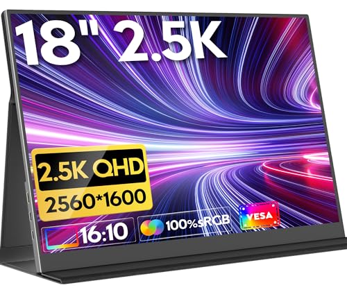 HONGO 2,5 K Monitor portátil ecrã IPS de 18 polegadas 2560 x 1600 P, ecrã computador monitor externo HDR com HDMI/Tipo C/USB C, 100% sRGB Tablet portátil Monitore para computador portátil PC Mac X-BO