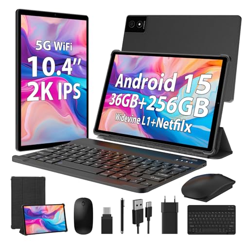 WOREGOO 10,4 polegadas Tablet Android 15, 5G WiFi, 36 GB RAM+256 GB ROM (1TB TF), 2000 x 1200FHD, Octa-Core, Widevine L1/8000 mAh/8 MP+ 13 MP/BT5.0/GPS/GPS/GPS/GMS, com T Escudo e rato, preto