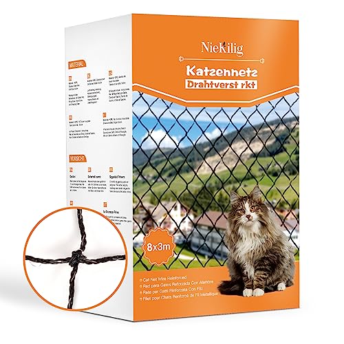 NieKilig Rede para gatos reforçada com fio, 8 x 3 m, proteção vermelha para gatos, terraço, sem furar, para varandas, janelas, clarabóias e portas
