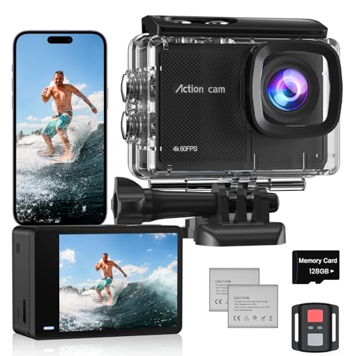 Câmara desportiva 4K 60FPS, 8X Zoom Câmara de vídeo com capacete Wi-Fi com EIS anti-vibração, 48 MP subaquática mergulho 40 m com cartão de 128 GB, controlo remoto, 2 * 1350 mAh baterias, acessórios