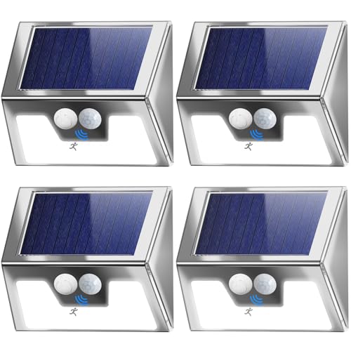 nipify Focos LED exteriores solares, 4 pacotes/3 modos: holofote solar exterior com sensor de movimento, luzes solares impermeáveis para jardim, garagem, pátio, caminhos