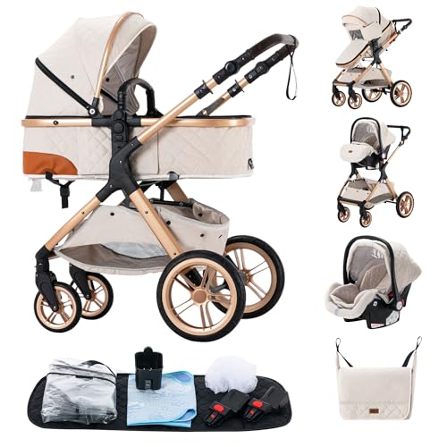 ALYIKOU Carrinho de bebé 3 em 1, com berço desmontável e assento carrinho de bebé dobrável carrinho de bebé sacos de fraldas, mosquiteiros, capas de chuva, porta-copos