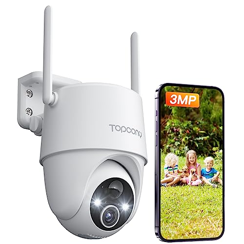 Topcony 2K Câmara de vigilância WiFi exterior bateria, câmara de segurança sem cabo domicílio 360° PTZ, IP65, sem fios, visão noturna colorida, deteção de movimento PIR, áudio bidirecional