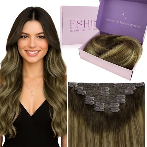 Fshine Clipe de cabelo natural 50 cm Balayage castanho médio com cabelo humano loiro platina reto cabelo humano grosso para mulheres 120 g 7 peças extensões de cabelo humano cor 2 3 27