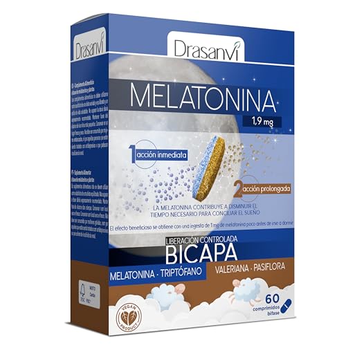 DRASANVI Melatonina bicamada de 1,9 mg com triptofano, passiflora e valeriana, ação dupla, contribui para conciliar o sono de forma rápida e para um relaxamento natural, embalagem 60 comp. = 60 dias