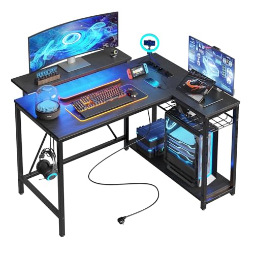Bestier Secretária em forma de L com tomadas de energia e luzes LED, secretária de canto com prateleiras, reversível para computador para casa, escritório, quarto, espaço pequeno, 106,5 cm
