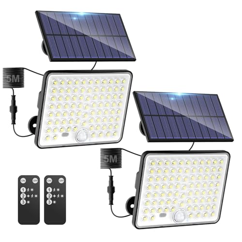 kolpop 2 Pacotes solares LED exteriores, holofotes LED solares sensor de movimento com controlo remoto, IP65 luz solar impermeável, 3 modos luz solar exterior potente para jardim, pátio, garagens