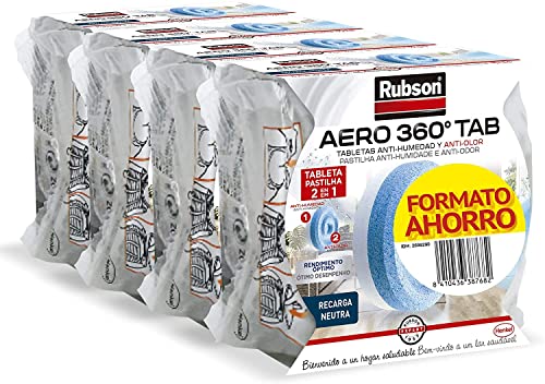 Rubson AERO 360° Comprimidos de substituição de odor neutro, absorve humidade e neutraliza maus odores, recargas Rubson para desumidificador AERO 360º (4 x 450 g)