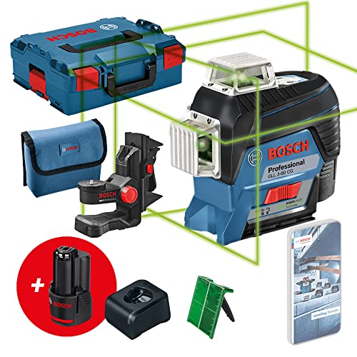 Bosch Professional 12 V System nível laser GLL 3-80 CG (2 baterias de 12 V, carregador, laser verde, função de aplicação, suporte, alcance: até 30 m, em L-BOXX) – Amazon Exclusive Set