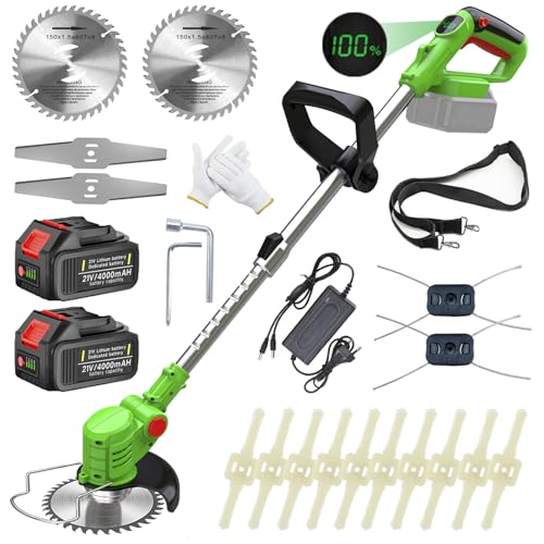 Fiutazge Limpador de bateria, máquina de cortar relva elétrica com 2 x 4000 mAh, cortador de bordo, bateria com 4 tipos de lâminas, telescópica, rotação de 90° para cortar relva e arbustos