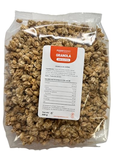 Granola sem glúten adoçada com mel, bolsa de 500 g, com vitaminas e ferro, crocantes e nutritivos, adequado para veganos, baixo em gordura, ideais pequeno-almoço ou lanche, Topping - Ingredissimo