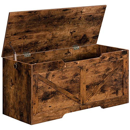 HOOBRO Caixa de brinquedos, banco de armazenamento, banco de armazenamento com mecanismo de bloqueio, robusto, armário de madeira, fácil de montar, castanho rústico EBF771CW01