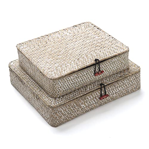 Cesto de armazenamento com tampa Seagrass rato cestas de vime retangular 2 peças (branco grande + pequeno)