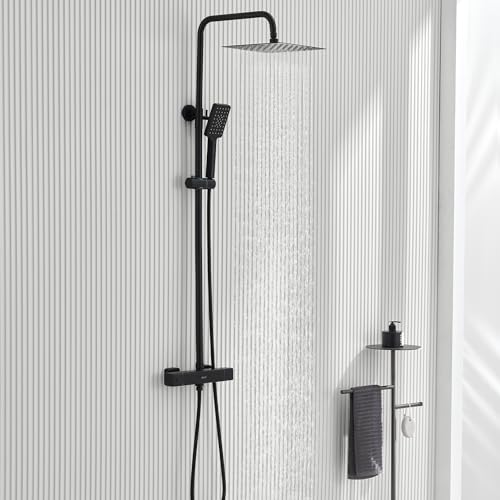 Ulytid Coluna preta de 38 °C, conjunto com torneira térmica, chuveiro de mão de 3 modos, sistema de chuva quadrada 25 x 25 cm, conjunto de barra de altura ajustável