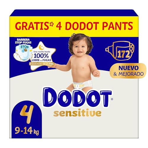 Dodot Fraldas de bebé sensível, tamanho 4 (9-14 kg), 172 fraldas 4 calças de presente, até 12 h de proteção contra fugas e cuidados com a pele, pack mensal