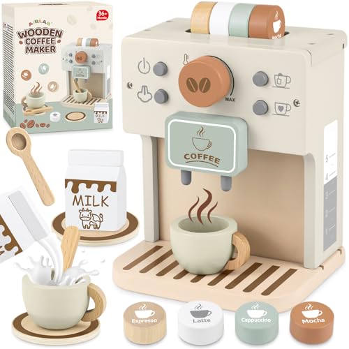 Airlab Máquina de café de madeira de brinquedo, 12 peças utensílios de cozinha de brinquedo e conjunto de tarde de chá para crianças, jogos de comida, brinquedos de piquenique jogos de roleplay para