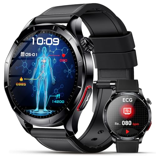 Lgnitek Relógio inteligente para homem com ECG/HRV/BMI/ácido úrico/lípido, 1,43" AMOLED Smartwatch com chamadas Bluetooth/SUS, pressão arterial, pulsómetro, PO2, monitor de sonho para iOS Android