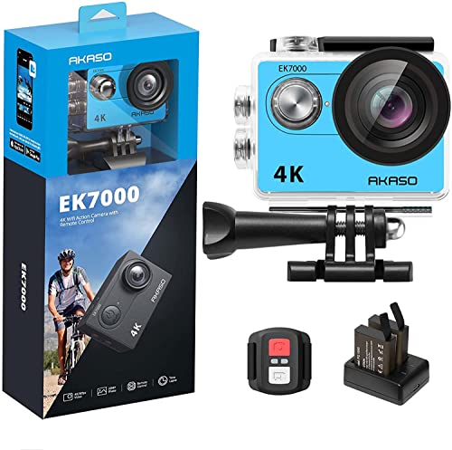 AKASO EK7000 Câmara desportiva 4K 30FPS - 20MP câmara de ação ultra HD ângulo grande 170° com controlo remoto, câmara submergível aquática 30 m impermeável com kit de acessórios - azul