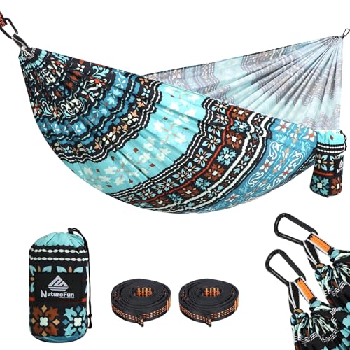 NATUREFUN Rede ultraleve para campismo (275 x 140 cm), Capacidade de carga 300 kg, respirável e de secagem rápida, rede, 2 ferro mosquetões, 2 lingas incluídas, interior exterior e jardim