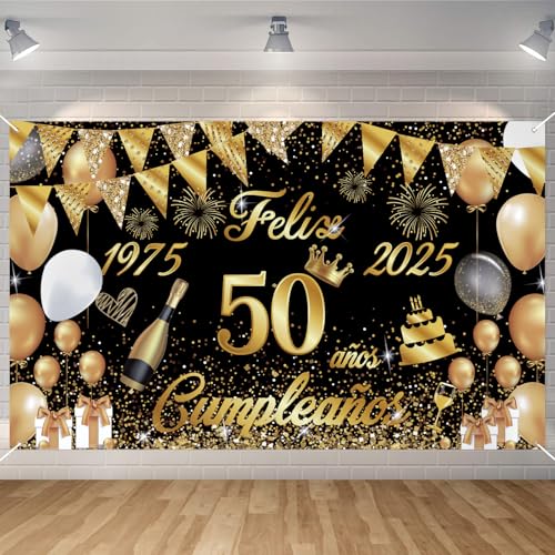 Bancarta feliz aniversário 50 anos 1975-2025, Seutgjie Happy Birthday decoração para mulher homem para festa de aniversário 50 ouro preto 180 x 110 cm