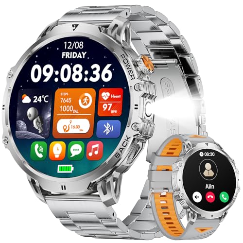 LIGE Relógio inteligente homem militar, 1,85" Smartwatch homem com/chamada Bluetooth, 1000 mAh/LED lanterna/100 modos desportivos/monitor sonho, IP68 impermeável para Android iOS, prata