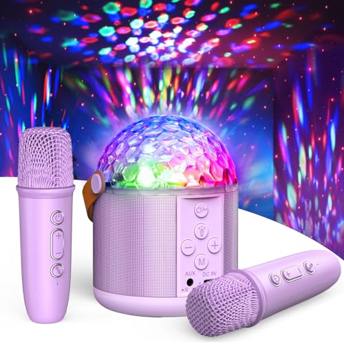 Presente menina 5 6-12 anos, karaoke 2 microfones sem fios bola de discoteca com efeitos de luzes LED frontais Karaoke menina adultos microfone crianças altifalante com microfone brinquedos para