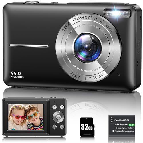 Câmara digital 1080P câmara de fotos 44MP câmara fotográfica digital câmara digital compacta com zoom digital 16X, ecrã LCD de 2,4", cartão de memória de 32G, 1 bateria para crianças, adolescentes