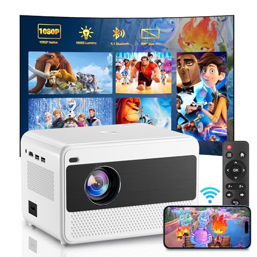 Projetor portátil, projetor 1080P nativo com Wi-Fi e Bluetooth, 16000 lúmenes projetores cinema em casa suporte zoom elétrico foco para iOS e Android HDMI/USB/TV Stick/PS5/Laptop