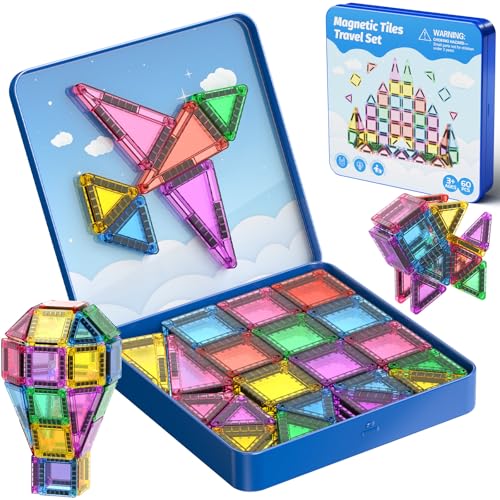 Blocos de construção magnéticos, 60 peças brinquedos de viagem de azulejos magnéticos com caixa de ferro, conjunto de construção sensoriais educativos presentes para meninos e meninas 3 4 5 6 7 8 anos