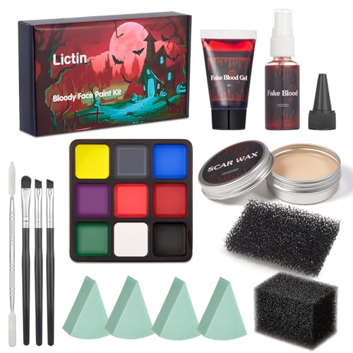 Licitn Maquiagem SFX, pintura facial e corporal de Halloween, spray falso sangue e gel - paleta de maquilhagem facial de 9 cores com cera para cicatrizes, maquilhagem de palhaço com caveira de vampiro