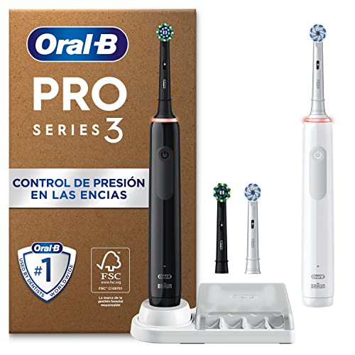 Oral-B Pro 3 3900N Escovas de dentes elétricas (pacote de 2) com cabo recarregável e 2 cabeças de substituição, desenhado por Braun, presentes originais - preto e branco