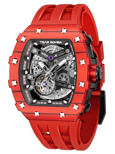 TSAR BOMBA Relógios mecânicos automáticos de luxo para homem - movimento japonês cristal de safira - relógio impermeável para homens 50 m - relógio quadrado com esqueleto - correia de silicone