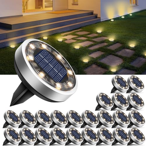 btfarm 24 Pacotes luzes solares LED para exteriores, jardim, chão, 8 LED luz solar exterior e jardim, IP65, candeeiros solares exteriores e jardim, caminho, relva, pátio (branco quente)