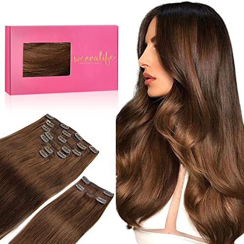 WENNALIFE Extensões de clipe de cabelo natural, castanho chocolate 150 g 40 cm 9 peças extensões de cabelo natural Remy cabelo humano extensões de cabelo natural clipe duplo Weft extensões de clipe