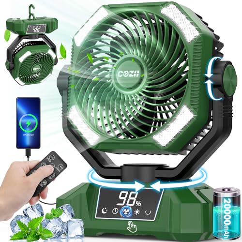 COZII 20000 mAh Ventoinha de campismo, ventilador de mesa com luz LED, ecrã tátil LED, oscilação automática, controlo remoto, 5 velocidades ventilador USB para campismo, desligação, pesca, escritório