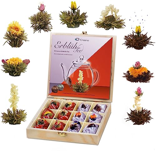Conjunto de presente de flores de chá em caixa de madeira, 12 flores de chá 12 com 9 sabores | chá branco e chá preto