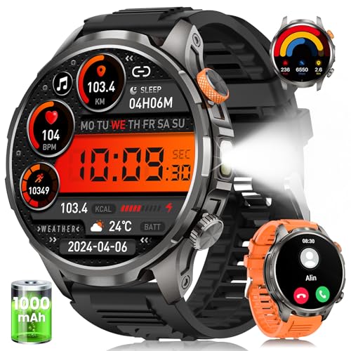 2025 Relógio inteligente homem com lanterna LED, 1000 mAh/5ATM impermeável/1,91" AMOLED Militar Smartwatch com chamadas, 113 modos desportivos/24H pulso / sonho/podómetro pulseira atividade Android