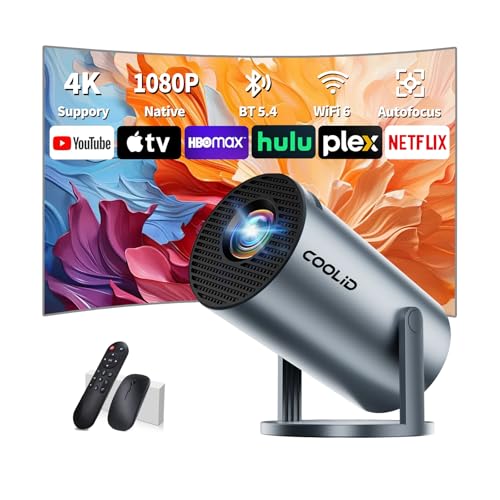 Mini projetor de vídeo, projetor portátil com banda dupla WiFi 6 sem fios Bluetooth 5.4, correção trapezoidal automática, 270° rotativo HDMI/TV Stick/USB/PS5/Laptop, com cabo HDMI e rato, cinzento