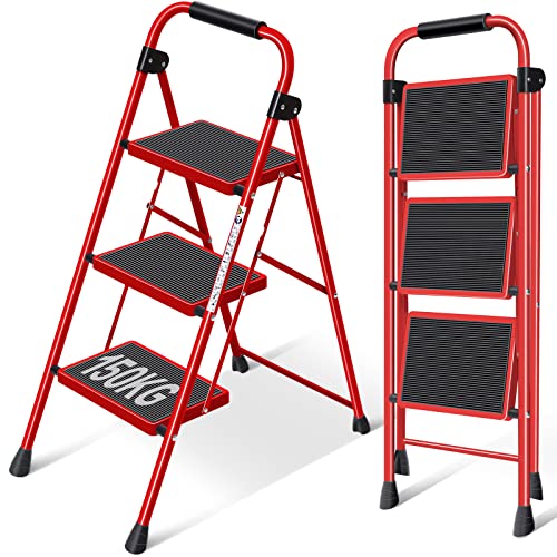 KINGRACK Escada de 3 degraus, escada dobrável com pedal antiderrapante e largura, escada pequena com alça, escada de aço resistente, escada leve e portátil, cor vermelha