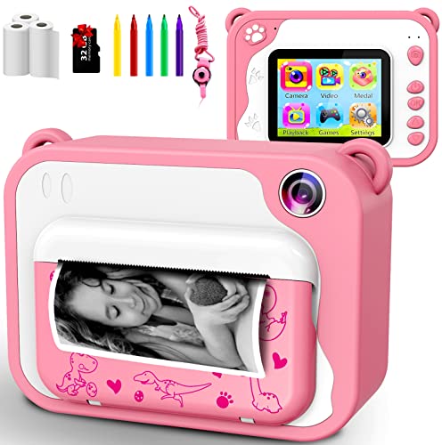 Uleway Câmara fotos infantis instantâneas, câmara de fotos para crianças com ecrã 2,4", 3 papel de impressão e cartão SD de 32 GB, presentes brinquedo para meninos e meninas 3 4 5 6 7 8 9 10 11 12
