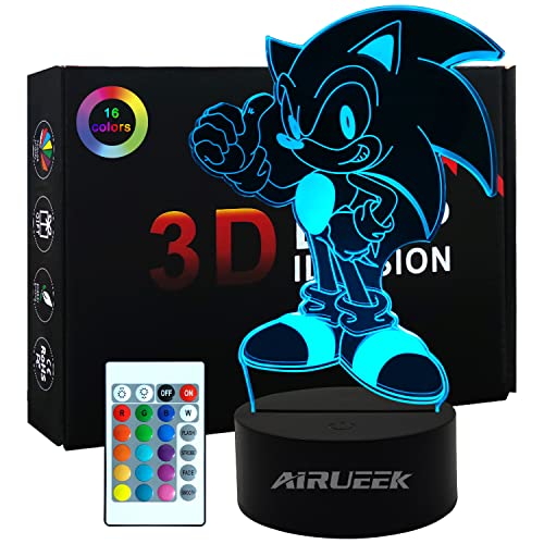 AIRUEEK Sonic brinquedo, luz noturna 3D lâmpada-16 variações de cor/1 controlo remoto/1 base preta / decoração do quarto presentes criativos de anime Sonic Hedgehog para crianças