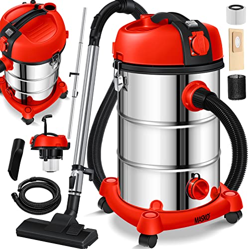 MASKO® Aspirador industrial, aspirador a seco e húmido, aço inoxidável 2300 W + tomada função de sopro aspirador a seco e húmido | Aspirador industrial com e sem saco, vermelho