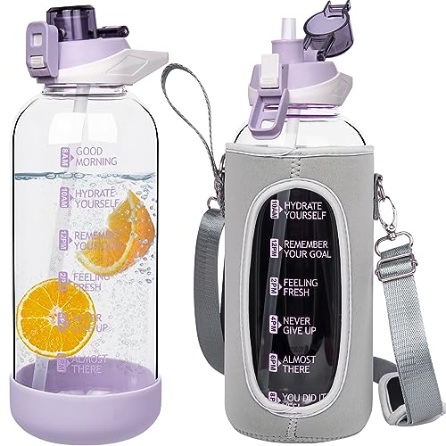 Seekua 2 litros Garrafa de água de vidro grande 2 l garrafa ginásio vidro desportivo com palha e marca de tempo sem bpa