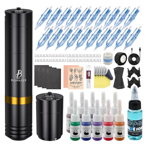 Biomaser Bateria rotativa kit de máquina sem fios com 2 unidades bateria de alimentação de 1500 mAh caneta esferográfica Machine kit com 20 agulhas 10 garrafas de tinta