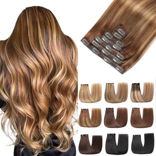 EINbeauty Extensões de cabelo natural grampo, 7 unidades 120 g 60 cm extensões naturais de clipe de cabelo humano Hair Extensão (24 polegadas, 4/4/27#)