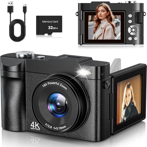 Câmara digital 4K 50MP câmara de fotos zoom digital 16X câmara fotográfica 2,8" 180 ° Flip ecrã Vlogging câmara compacta com cartão de 32 GB para iniciantes adolescentes