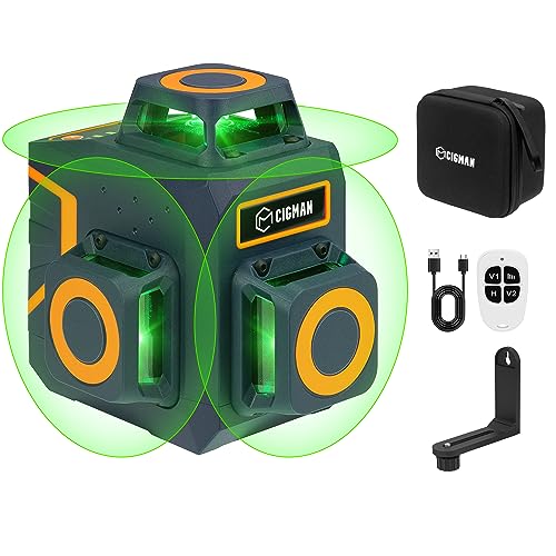 Nível laser verde CIGMAN CM701SE 3 x 360°, nível automático profissional, bateria de lítio recarregável por USB, equipado com controlo remoto para operação remota, brilho ajustável, modo de pulso,