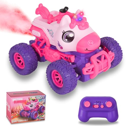 BORSTOYPRO Unicórnio Carro telescópico para crianças, unicórnio remoto Monster Truck para meninas, RC Monstertruck carros com spray de luz LED, presente de brinquedo para crianças