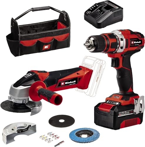 Einhell Broca com bateria TE-CD 18/40 Li rebarbadora com bateria TC-AG 18/115 Li PXC (iões de Li, 18 V, incl. bateria 4 Ah e carregador, acessórios de rebarbadora, caixa de pontas, bolsa)