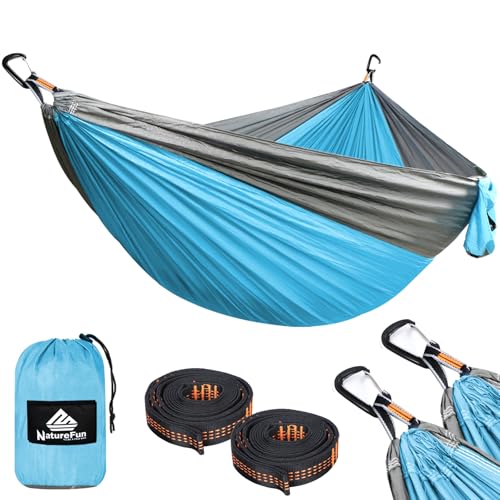 NATUREFUN Rede ultraleve para Camping| 300 kg de capacidade de carga, estilo paraquedas, de Nylon, respirável e de secagem rápida 2 mosquetões premium, 2 lingas de nylon incluídas.
